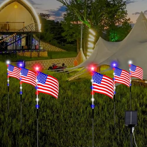 Image of 6 Flag Lights 4th of July Decorations 8 Lighting Modes, 6-in-1 American Flag Solar Lights, Memorial Day Decorations with Red White and Blue Lights for Independence Day Path Garden Decor Yard Pathway