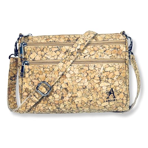 Assisi Style Sac à bandoulière végétalien en liège avec 4 compartiments zippés, sac à bandoulière léger naturel pour femme, marron, Medium