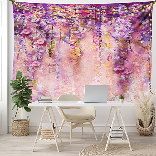 Ambesonne Watercolor Flower Tapestry, Wisteria Tree In Full Blossom Romantic Spring Over Bokeh Background, Wide Wall Hanging For Bedroom Living Room Dorm, 80" X 60", Purple Peach #TOP5