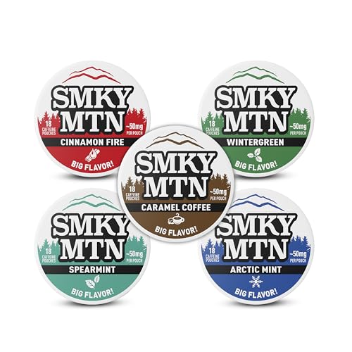SMOKEY MOUNTAIN Caffeinated Pouches - 5 Can Sampler Pack - 1 Each of Wintergreen, Spearmint, Arctic Mint, Caramel Coffee, & Cinnamon Fire - 15 Pouches Per Can