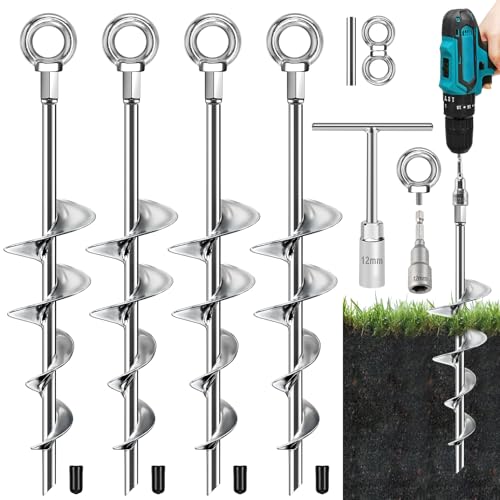 Fabulas Ground Anchors Screw in, 18 Inch Ground Anchors Heavy Duty Metal Earth Auger Anchors Trampoline Stakes Kit High Wind for Swing Set Shed Rv Canopy Gazebo Mobile Home Tree Playground Dog, 4 Pack