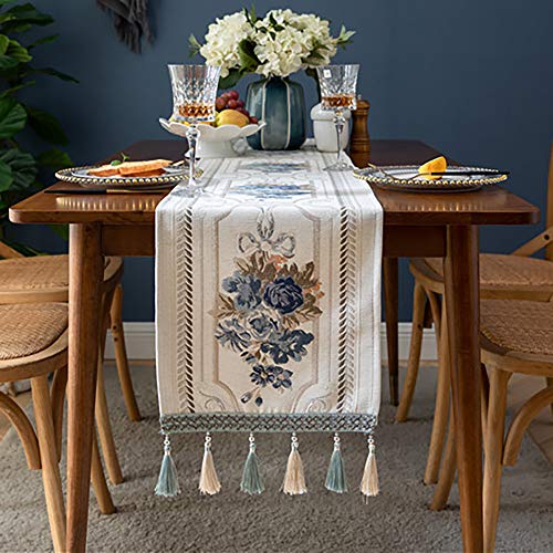 Semaxy テーブルランナー北欧 おしゃれ テーブルセンター 長方形 宮廷風 テーブルクロス エレガント 花 タッセル付き クラシック ホーム インテリア 装飾品 パーティー 新年 結婚式 宴会 お店 デコレーション 幅33cm ホワイト 33X140cm