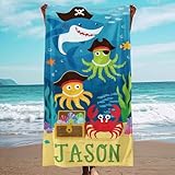 Dreamdecor Kids Personalized Beach Towel with Name Striped Custom Beach Towels for Swimming Pool Vacation Microfiber Sand Free Fast Drying Beach Towel for Adults Women Men Kids