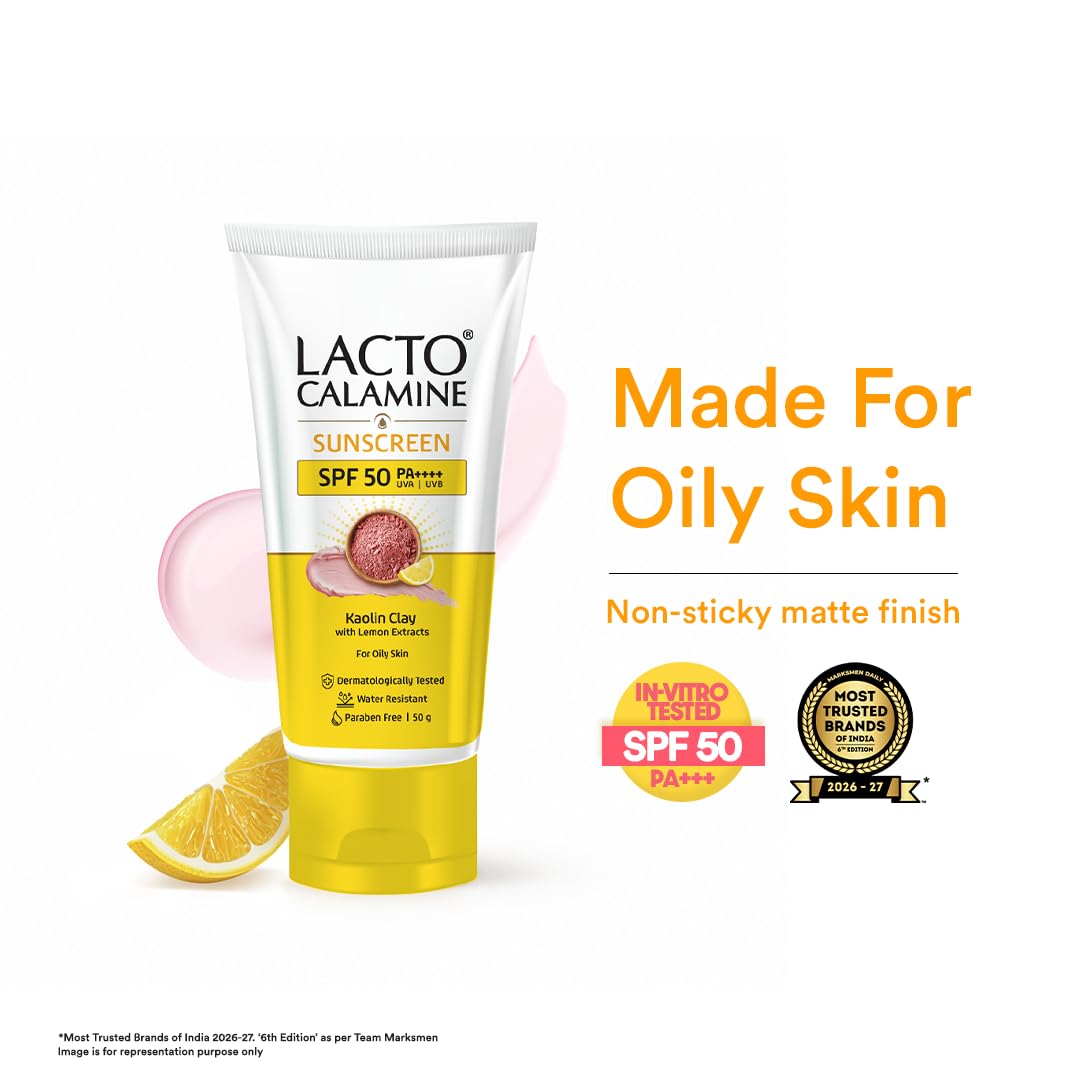 Lacto Calamine Light Weight Sunscreen SPF50 | PA++++ | No White Cast | Broad Spectrum Protect |Non-Sticky | For all skin types, Water Resistant, With Kaolin Clay & Lemon Extract, For Face & Body | 50g