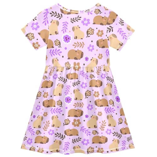 Cute Capybara Purple Flowers Summer Girls Short Sleeve Dress Casual Dresses Beach Sundress for 2-8 Years2