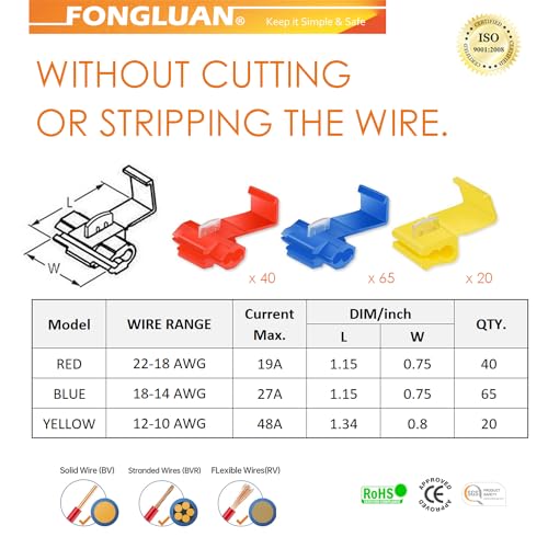 Fongluan YKDZ125V1 125Pcs Solderless Quick Splice Wire Connectors,22-10 Gauge Scotch Lock Snap Electrical Wire Crimp Terminals Connector Assortment Set thumb #1