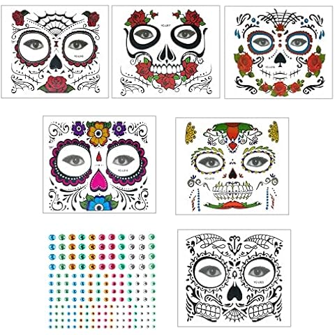 KATOOM 6Pcs Halloween Face Tattoos,Day of The Dead Temporary Makeup Stickers Sugar Skull Skeleton Red Rose Design with Rhinestone for Halloween Carnival Masquerade Horror Theme Parties Cover