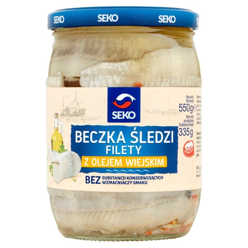 Seko Herring in Oil in a glass jar, showing fillets submerged in oil.