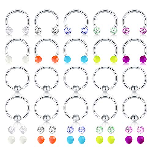 LAURITAMI 16G Surgical Steel Horseshoe Captive Bead Nose Hoop Ring Septum Eyebrow Lip Cartilage Helix Tragus Earring Hoop Rings Piercing Jewelry for Women Men 8mm 10mm with Replacement Balls