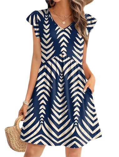 Image of OFEEFAN Summer Dresses for Women Beach Vacation Clothes V Neck Ruffle Sleeve Babydoll Dress Elegant Classy Sundress