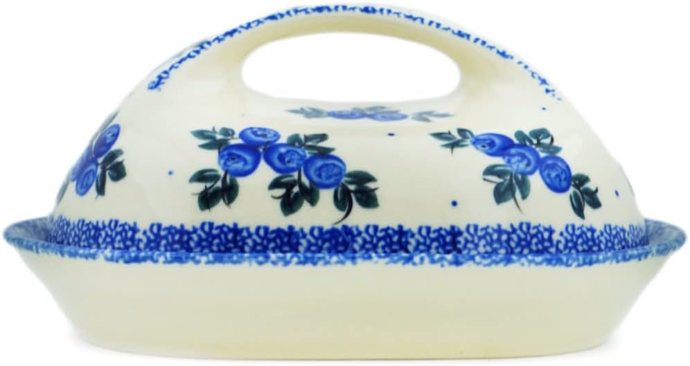 Polmedia Polish Pottery Butter Dish UNIKAT - Blue Berry Special Pattern Handmade in Boleslawiec Poland + Certificate of Authenticity