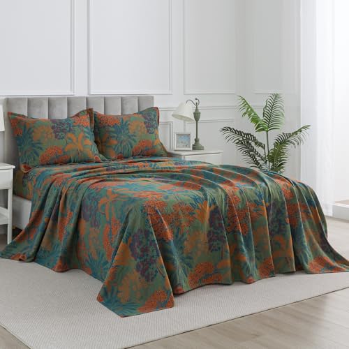 Image of Forest Green Muslin Sheet Set King Size, Shabby Leaf Pattern Chic Neutral Tropical Soft Bed Sheets, Luxury Designer Bedding, Palm Tree Deep Pocket Fitted Sheet, 100% Washed Cotton, 4Pcs