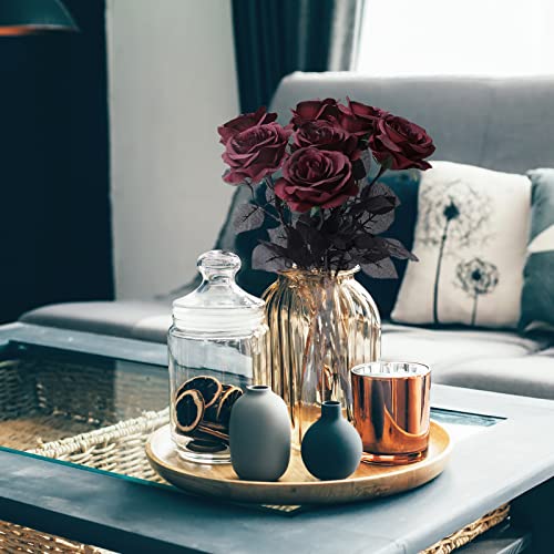 Roses artificielles rouge vin Whaline en soie à longue tige pour décoration | Lot de 12 - 7
