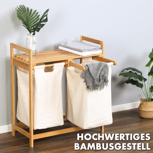 Floordirekt Cesto de bambú para la colada con 2 compartimentos, para la ropa sucia, de madera, con gran cesta para la colada (Dakota) (64 x 33 x 73 cm) - imagen 3