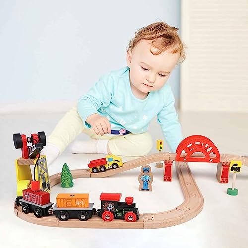 KABENFIS Wooden 39 Pcs Train Tracks Toys with Crane Bridge and Wooden Railway Tracks Toys for Kids, Brown - Image 3