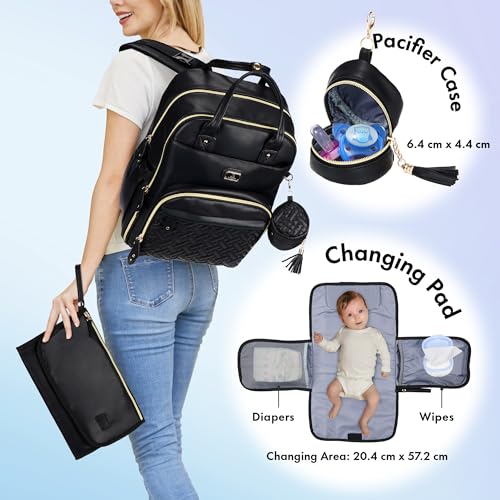 Image of Dikaslon Leather Diaper Bag Backpack with Portable Changing Pad, Pacifier Case and Stroller Straps, Large Unisex Baby Bags for Boys Girls, Multipurpose Travel Back Pack for Moms Dads, Black