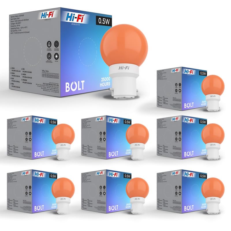 Image of Hi-Fi 0.5W LED Bulb (Orange) B22 Base | Energy Efficient Zero Watt Light | Decorative Night Lamp for Home, pooja room light & Bedroom Zero Blub (Pack of 8)