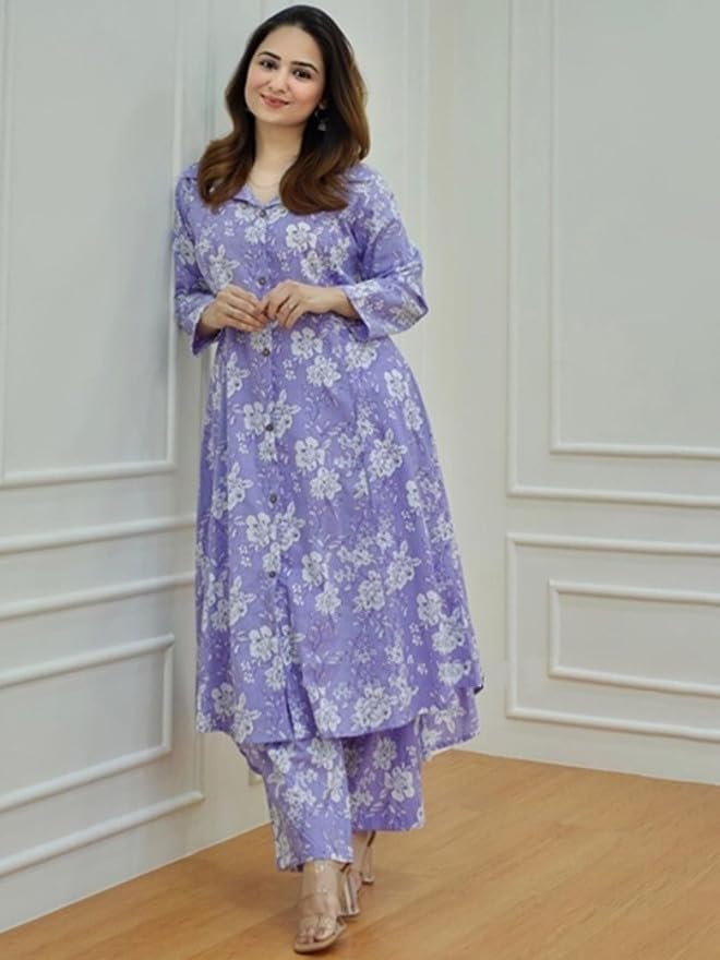 Image of Women's Cotton Kurta with Trousers Set, Floral Print, Regular Fit