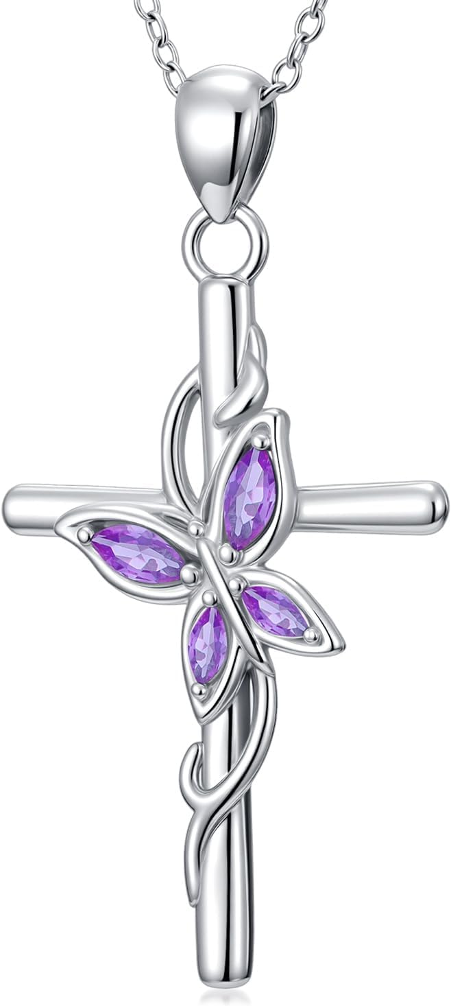Birthstone Cross Necklace for Women 925 Sterling Silver Cross Butterfly Necklace Pendant Natural Gemstone Jewelry Gifts for Mom Wife Girlfriend