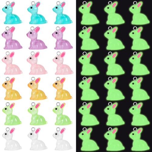 Augshy 64Pcs Luminous Glitter Easter Resin Rabbit Charms for Jewelry Making