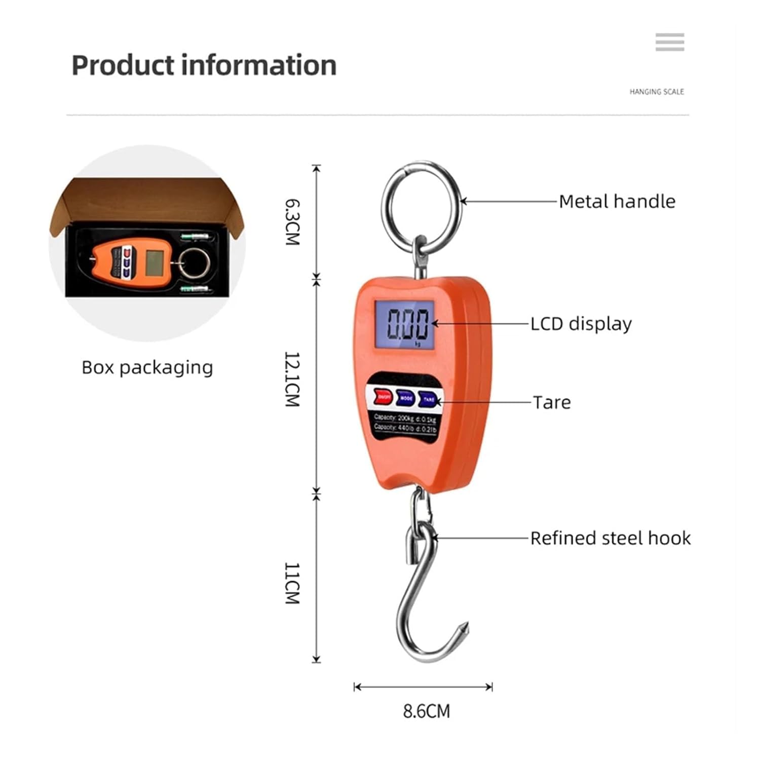 Digital Crane Scale 200KG/440LBS Capacity, Heavy Duty Hanging Scale with LCD Display, Stainless Steel Hook, Portable Electronic Weighing Scale for Industrial, Construction, Factory Use, Black (Black)