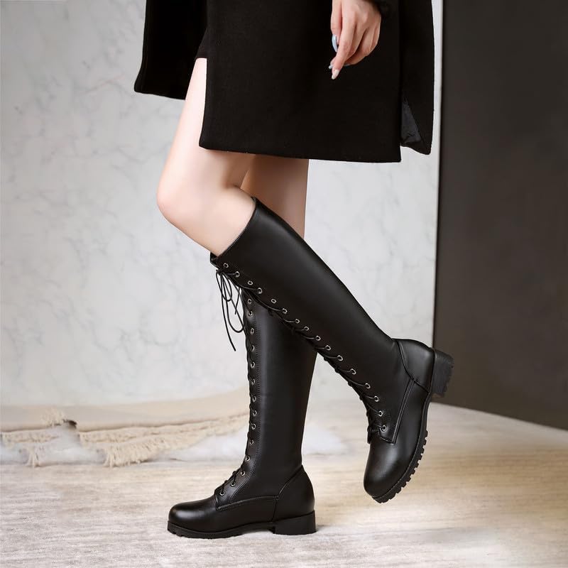 Bellirala Womens Lace Up Knee High Boots Combat Chunky Low Heel Tall Boots