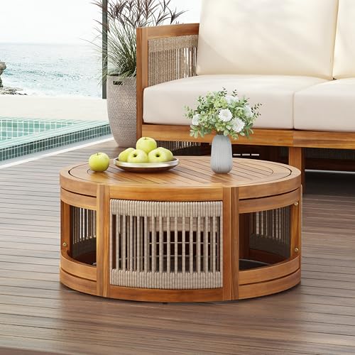 Christopher Knight Home Puekest Acacia Wood Coffee Table with Woven Rope Accents, Outdoor Patio Slatted Round Centerpiece, Boho Chic Garden Sofa Side Accent Table for Modern Decor, 27.95