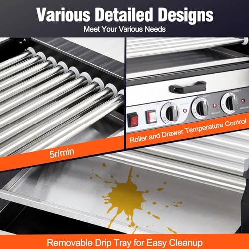 Electric Hot Dog Roller, 9 Rollers Hot Dog Machine, 24 Hot Dogs Capacity, Grill Warmer with Independent Temperature Control, Detachable Glass Hood Cover & Oil Drip Tray, 5-8 Min Quick Cooking