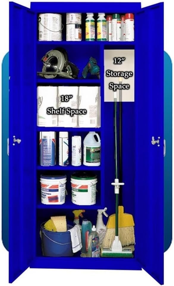 Pemberly Row Modern Industrial Office Janitorial Cabinet, 72 x 30 x 18 in, Powder-Coated Metal, Blue Finish, 2 Doors, 3 Adjustable Shelves, Floor Standing Storage for Office Cleaning Supplies
