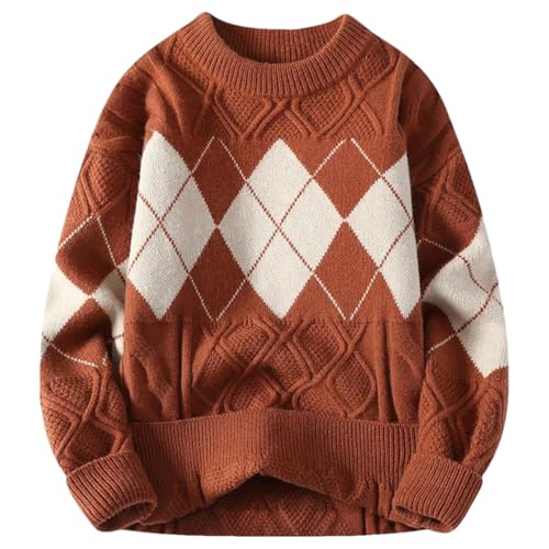 Men Long Sleeve O-Neck Plaid Sweater Men's Casual Loose Pullover Sweaters Thick Knitwear