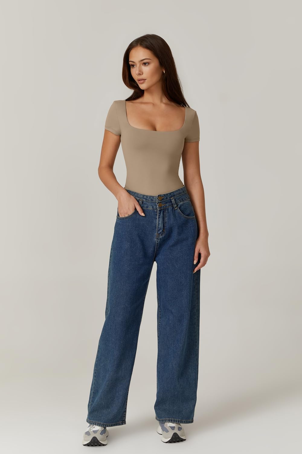 QINSEN Women's Square Neck Short Sleeve Double-Layer Bodysuit Fashion T-Shirt Tops - Image 4