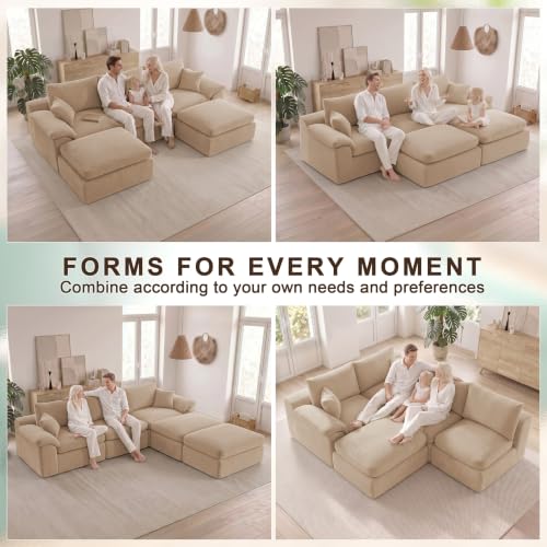 Image of Cloud Sectional Couch, Boneless Couch Modular Sofa, Camel | U shaped, Couches for Living Room & Apartments, Deep Seat & Convertible Ottoman, Kid & Pet Friendly, Family Ready