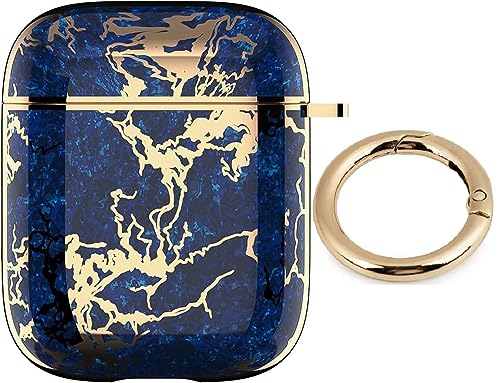 Image of Scalebee Hard Protective Designer Golden Ring Holder Case Cover Keychain compaitable with Apple Airpods 1st and 2nd Generation Airpods 1 & Airpods 2 Girl Men (Dark Blue)