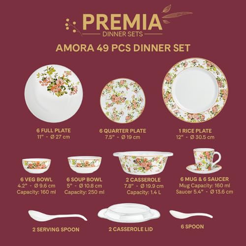 Image of Larah by Borosil 49pc Opalware Amora Dinner Set for Family of 6 | Microwave & Dishwasher Safe Crockery Set for Dining & Gifting | Plates & Bowls