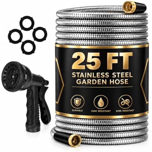 25FT Garden Hose, Stainless Steel Water Hose Solid Fittings,No-Kink, Metal Garden Hoses,Anti-Rust Heavy Duty Water Hoses for Yard,Car Wash Outdoor Lawn Watering Plants