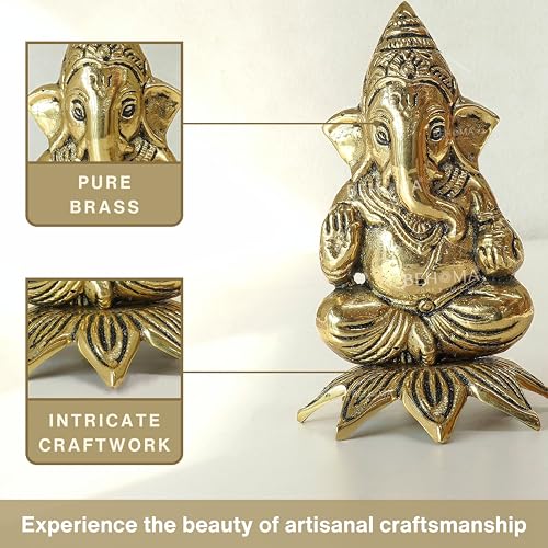 Image of BEHOMA Pure Brass Lord Ganesha Idol on Lotus Base with Gift Box | Ganesh Murti for Home Decor, Pooja Room, Office, Vastu & Diwali Gift