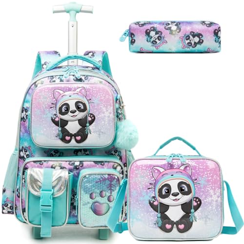 Egchescebo Mochila Escolar Infantil com Rodinhas para Meninas e Crianças Rodas Bolsa Mala Carrinho 17” 3PCS Lancheira Juvenil Estojo Costas Divertidamente Multifuncionais Viagem Panda Verde