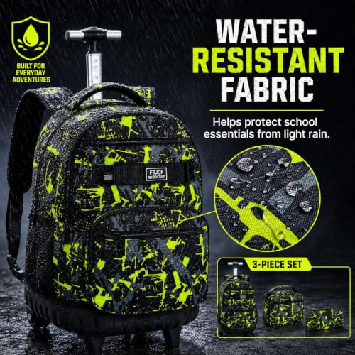 Image of 3Pcs Rolling Backpack for Boys, Men Roller Bag with Wheels for Adults, 19 Inche Graffiti Wheeled Bookbag with Lunch Box(Green)