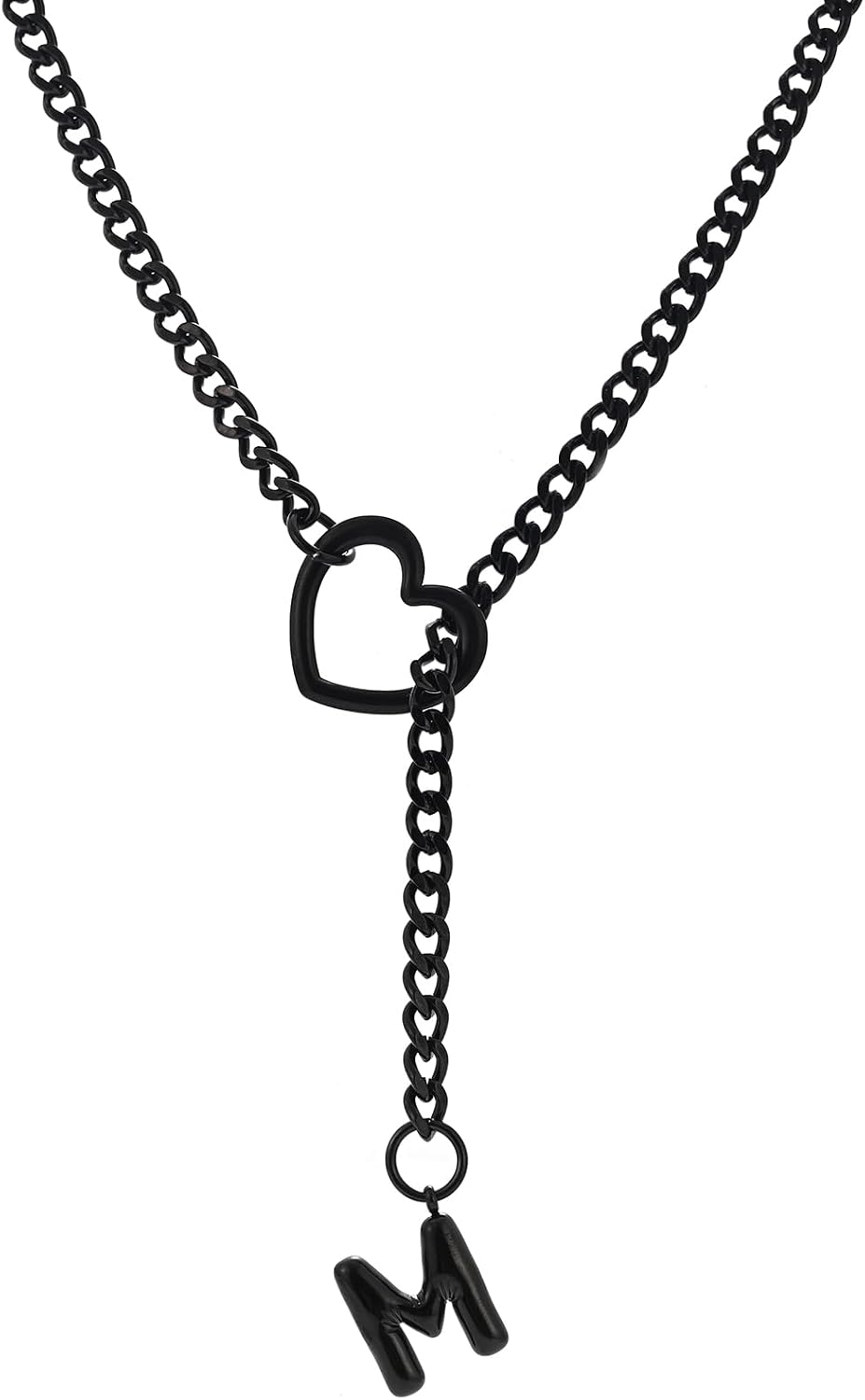 sroyte Black Heart Slip Chain Initial Necklaces for Women,Stainless Steel O-Ring Adjustable Lariat Heart Y-Necklace,Punk Gothic Cuban Collar Choker Necklace for women