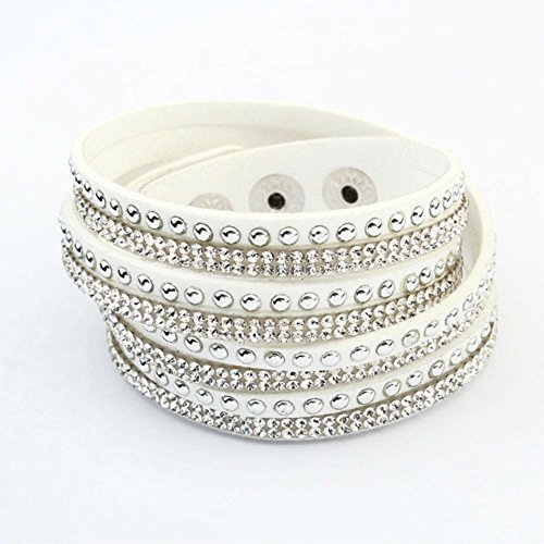 AKOAK Women Multilayers Rhinestones Cuff Wrap Faux Leather Bracelet,White