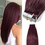 TESS Tape Extensions Echthaar 45 cm Klebeband günstig Haarverlängerung 20er Pack Glatt Remy Tape in Hair Extensions für Haarverdichtung (20 Tressen #99J-Rot )