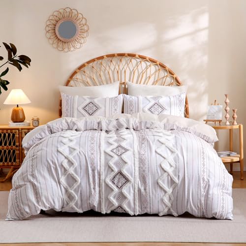 Image of Herside Light Brown 100% Cotton Boho Duvet Cover Set Queen Size, 3-Piece Tufted Textured Modern Boho Moroccan Bedding, Aztec Geometric Farmhouse Comforter Cover with 8 Corner Ties & Double Zipper