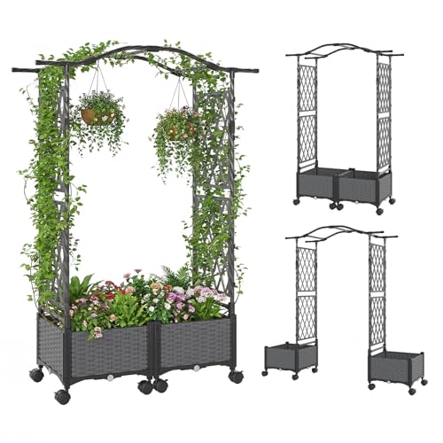COSTWAY Blumenkasten mit Rankgitter & hängendem Dach, 2 in 1 Rosenbogen mit 2 Pflanzkästen, Gartenbogen auf Rollen, Metall und PP, Rankkasten mit Spalier für Kletterpflanzen, Gartenspalier (Grau)