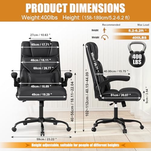Executive Office Chair with Flip-up Armrests,Ergonomic Computer Desk Chairs,Mid-Tall Back Leather Office Chair 400 Lbs,Lumbar Support Swivel PC Chair with Rocking Function image 2