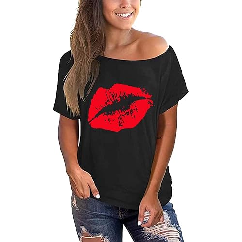 MAGICMK Women’s Short Sleeve Lips Print Casual Off The Shoulder T-Shirt Tops…