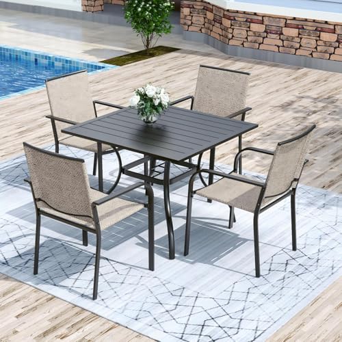 Image of Anmutig 5-Piece Outdoor Dining Set, 35 inch Square Table with 1.57 inch Umbrella Hole, 4 Stackable Chairs, Black Steel Frame Beige White Fabric