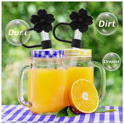 Image of Flower Silicone Straw Cover Cap for Stanley Cup,Straw Topper 10mm 0.4in Dust-Proof Reusable Straw Tips Lids,Straw Tip Covers Gift for Party Decor (Black Cherry blossom 4pcs)