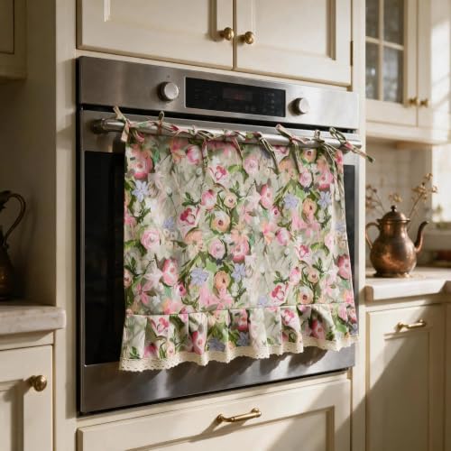 NAPEARL Boho Tie Top Ruffle Lace Tier Curtain Oven Sink Kitchen Valance Bird Branch Toile (Vintage Pink Rose,Tie Top,30" W x 22" L)