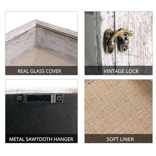 Image of GraduationMall 13x16 Wood Shadow Box Frame Glass Door Display Case with Linen Back and 6 Stick Pins,1.5 inches Interior Depth,Ideal for Memorabilia Pictures Flowers Medals Tickets Rustic White