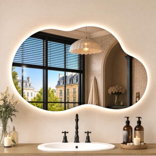 Kitogna 24" x 40" Irregular Backlit Bathroom Mirror, Anti-Fog | Tempered Glass, Cloud Shape, 3 Color Lighting, Stepless Dimming, Memory Function, HD Reflection, Wall Mounted